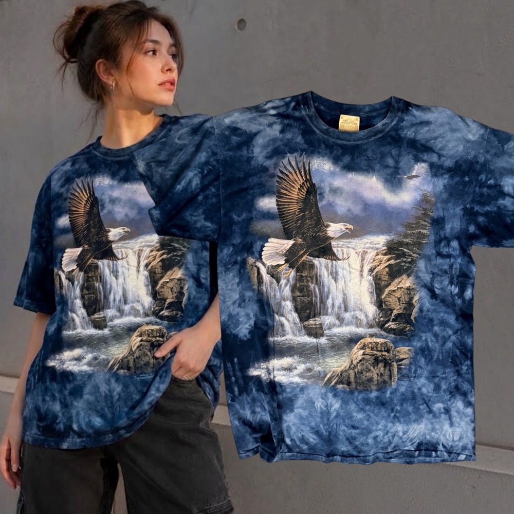 The Mountain T Shirt Bald Eagle Waterfall Graphic Blue Tie Dye XXL